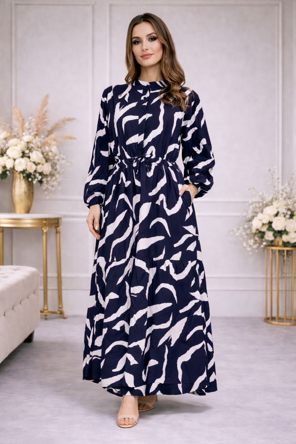 Robe longue imprimée boutonnée - YH2432