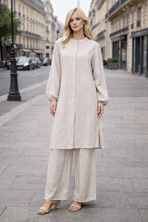 Ensemble 2 pièces  lin – Tunique boutonnée & Pantalon fluide - ZJ2396