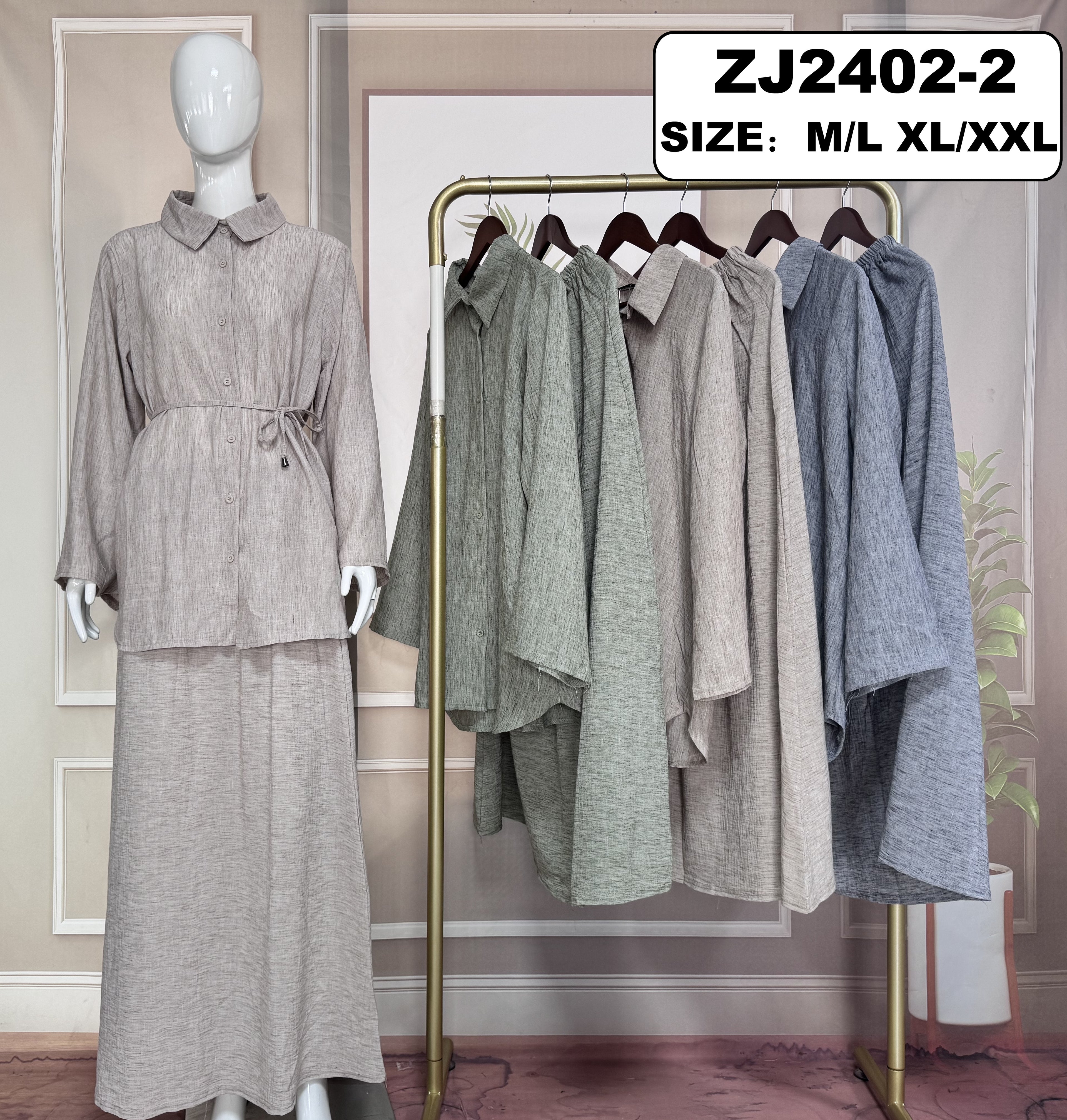 Ensemble 2 pièces lin – Chemise fluide & Jupe  large - ZJ2402-2