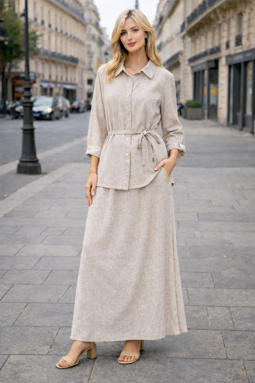 Ensemble 2 pièces lin – Chemise fluide & Jupe  large - ZJ2402-2