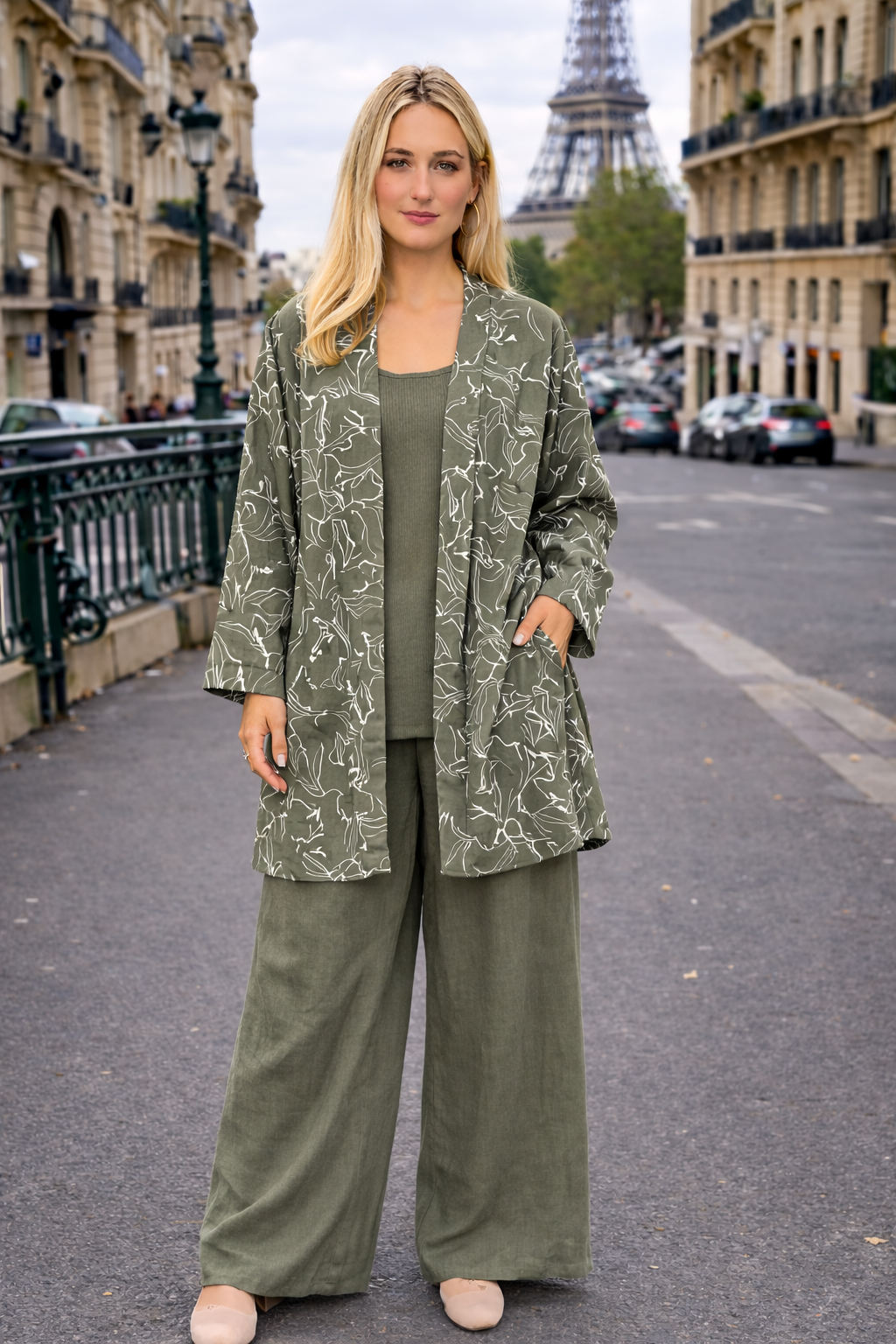 Ensemble 3 pièces kimono + top + pantalon imprimé – ZF2448