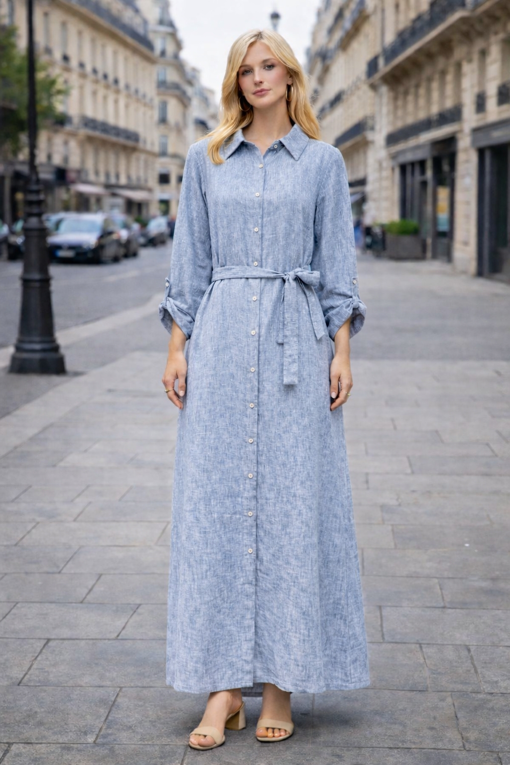 Robe chemise longue lin – Coupe fluide ceinturée - ZJ2399