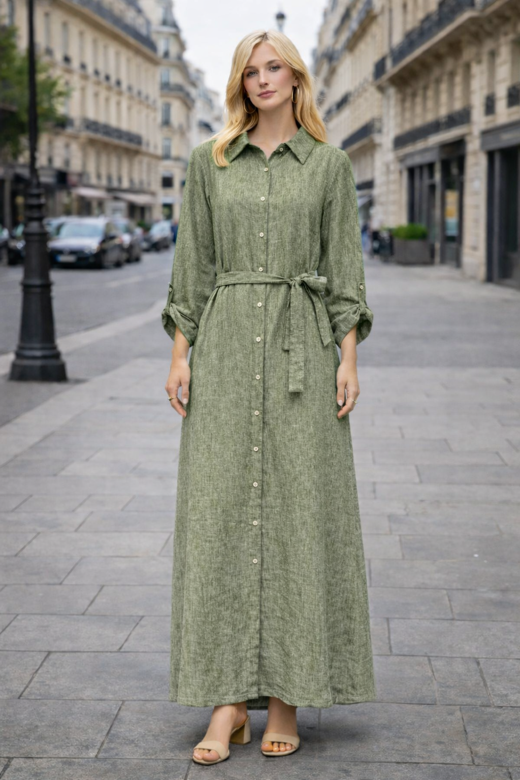 Robe chemise longue lin – Coupe fluide ceinturée - ZJ2399