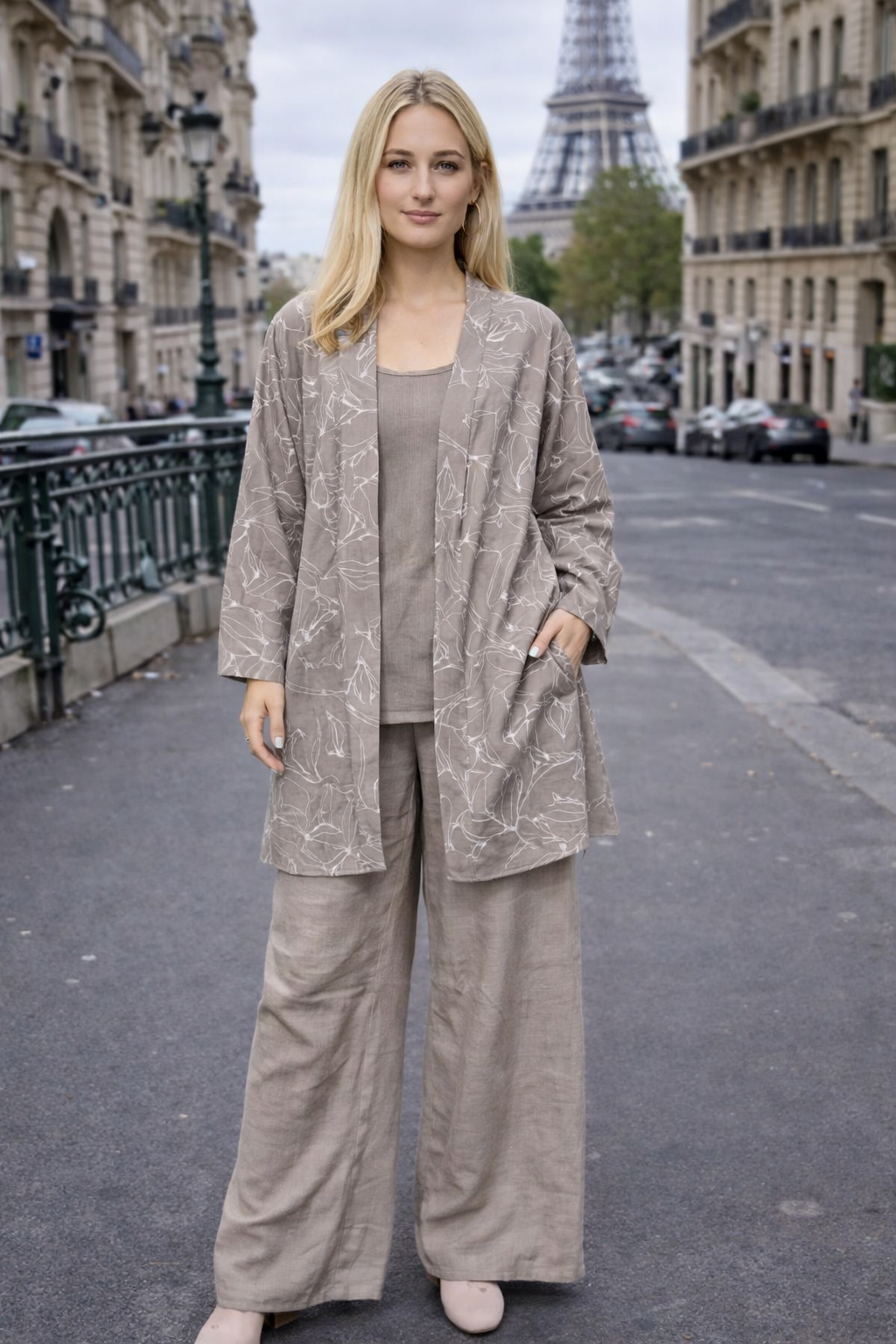 Ensemble 3 pièces kimono + top + pantalon imprimé – ZF2448