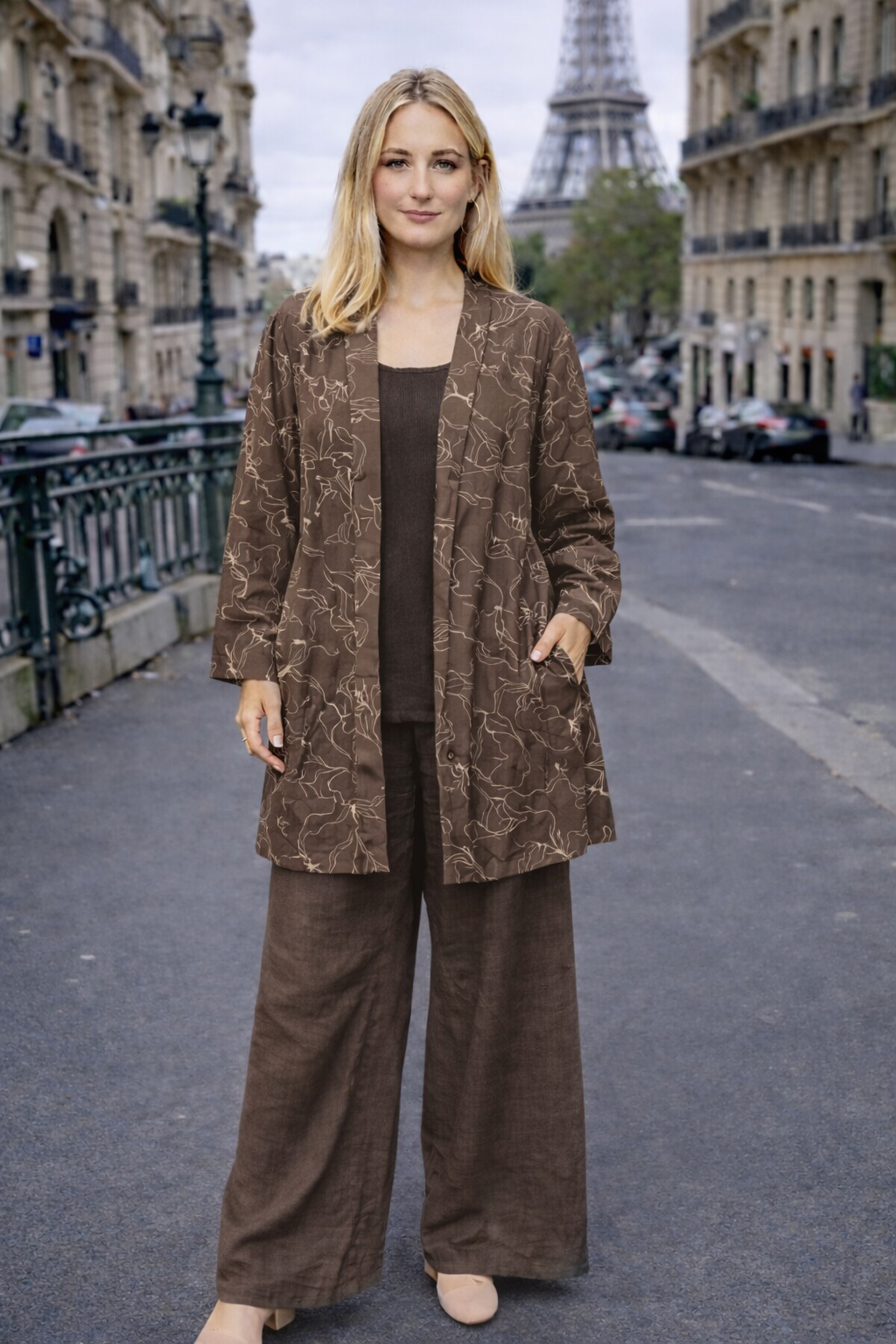 Ensemble 3 pièces kimono + top + pantalon imprimé – ZF2448