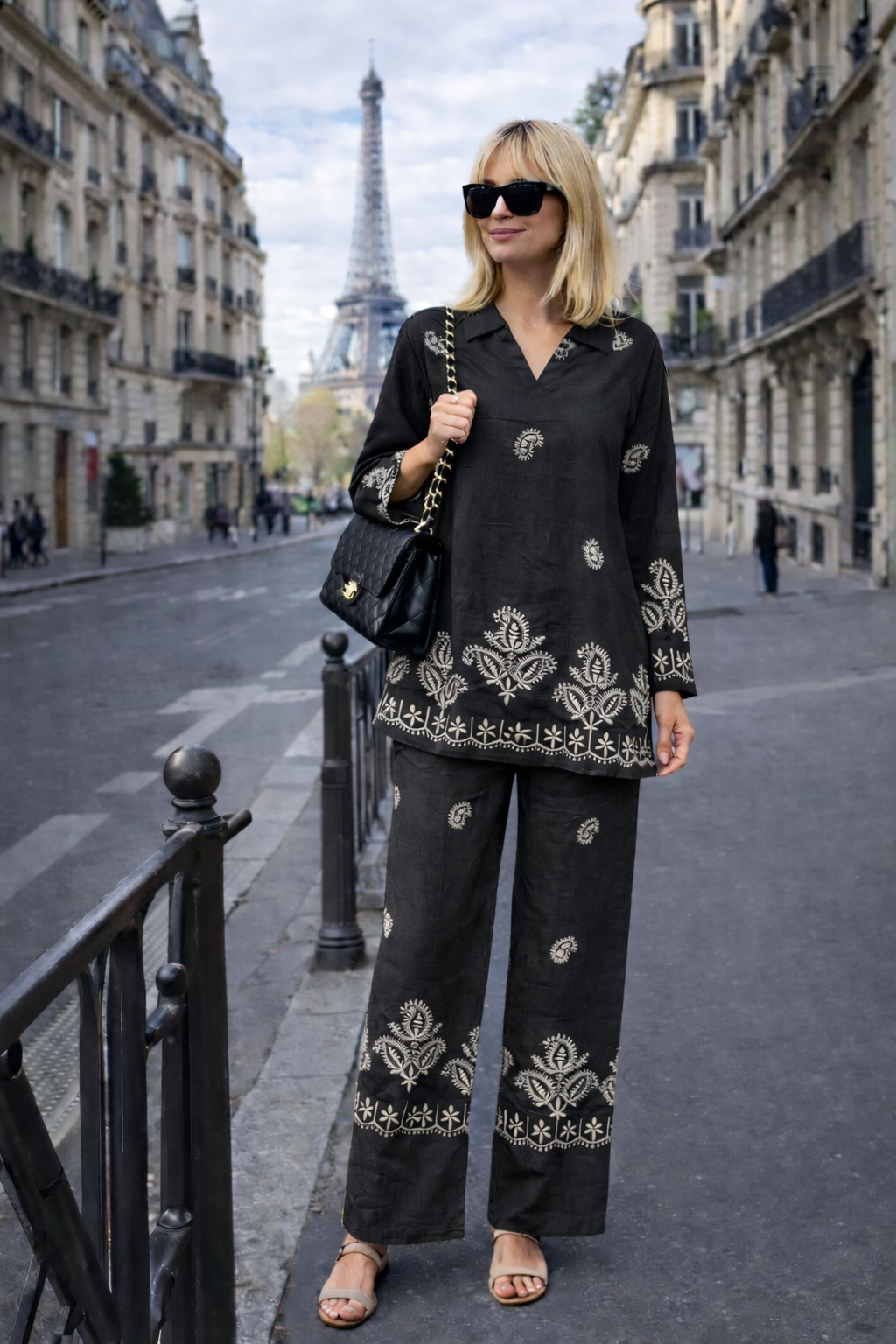 Ensemble chemise brodée + pantalon fluide - YH2564