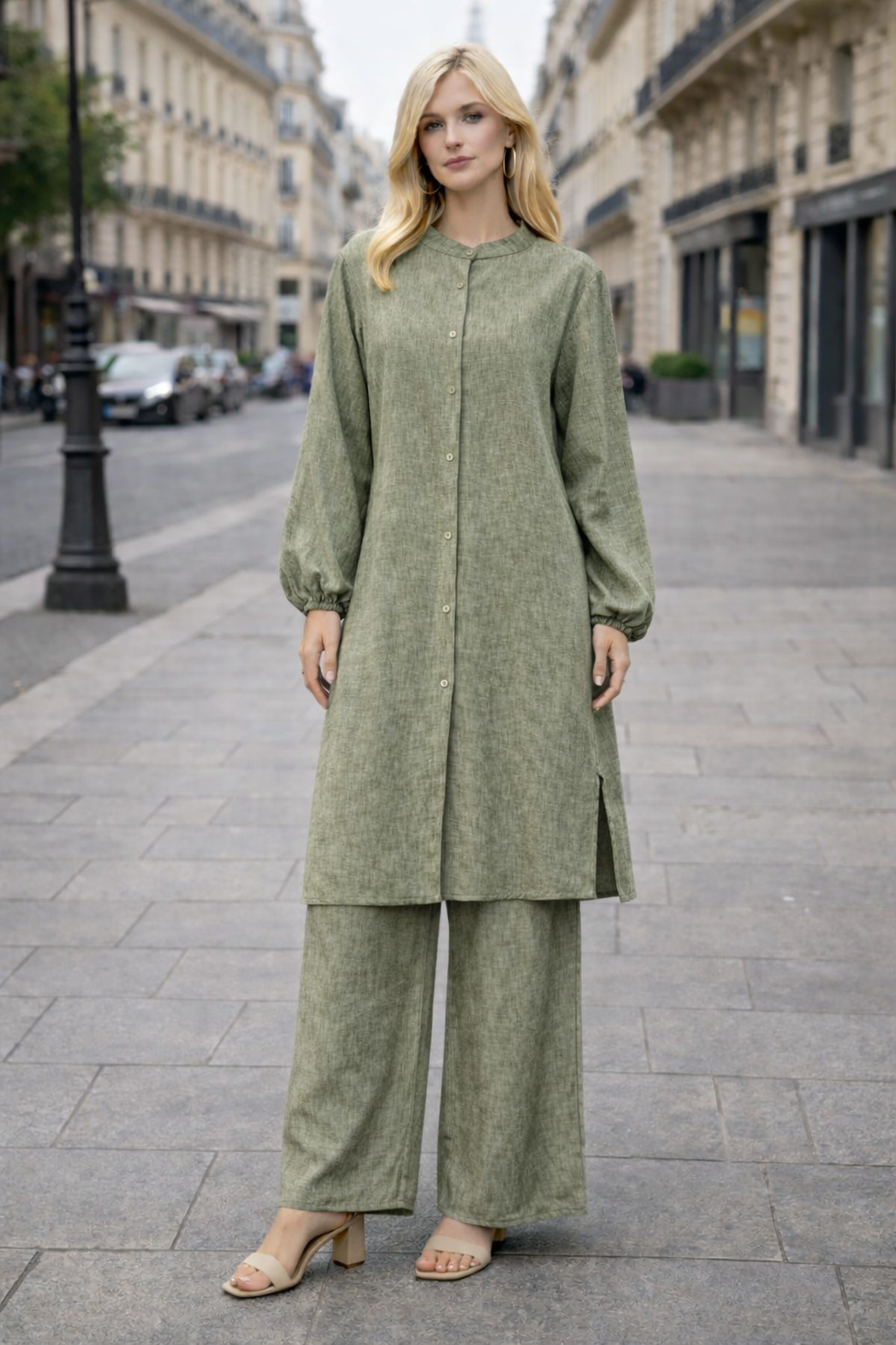 Ensemble 2 pièces  lin – Tunique boutonnée & Pantalon fluide - ZJ2396