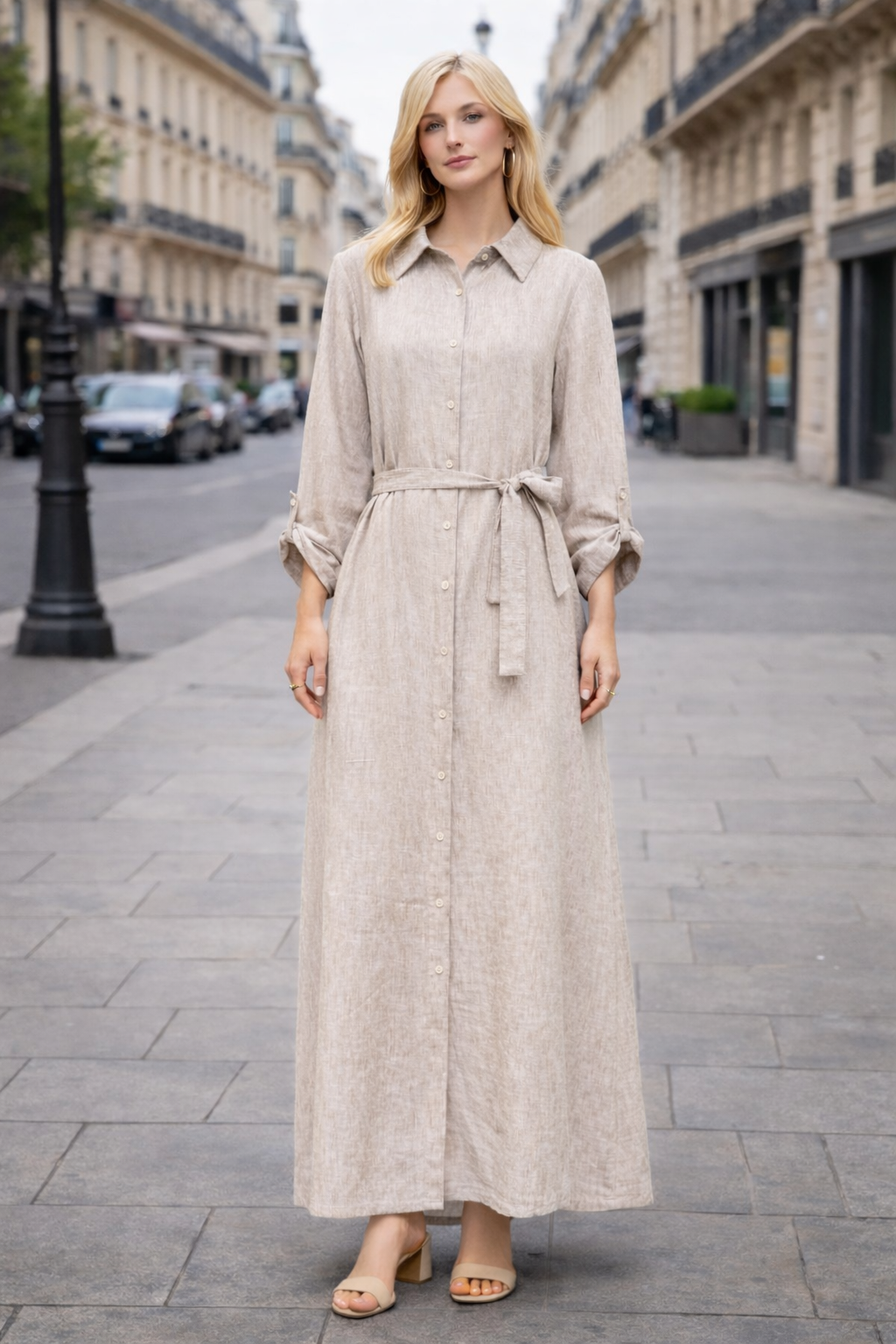Robe chemise longue lin – Coupe fluide ceinturée - ZJ2399