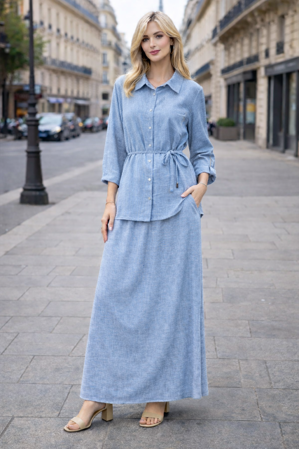 Ensemble 2 pièces lin – Chemise fluide & Jupe  large - ZJ2402-2