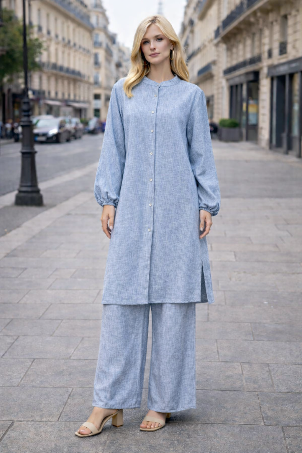 Ensemble 2 pièces  lin – Tunique boutonnée & Pantalon fluide - ZJ2396