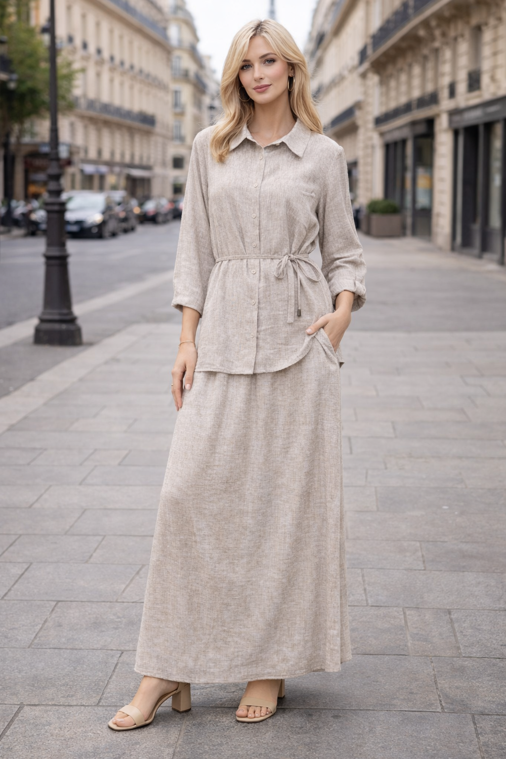 Ensemble 2 pièces lin – Chemise fluide & Jupe  large - ZJ2402-2