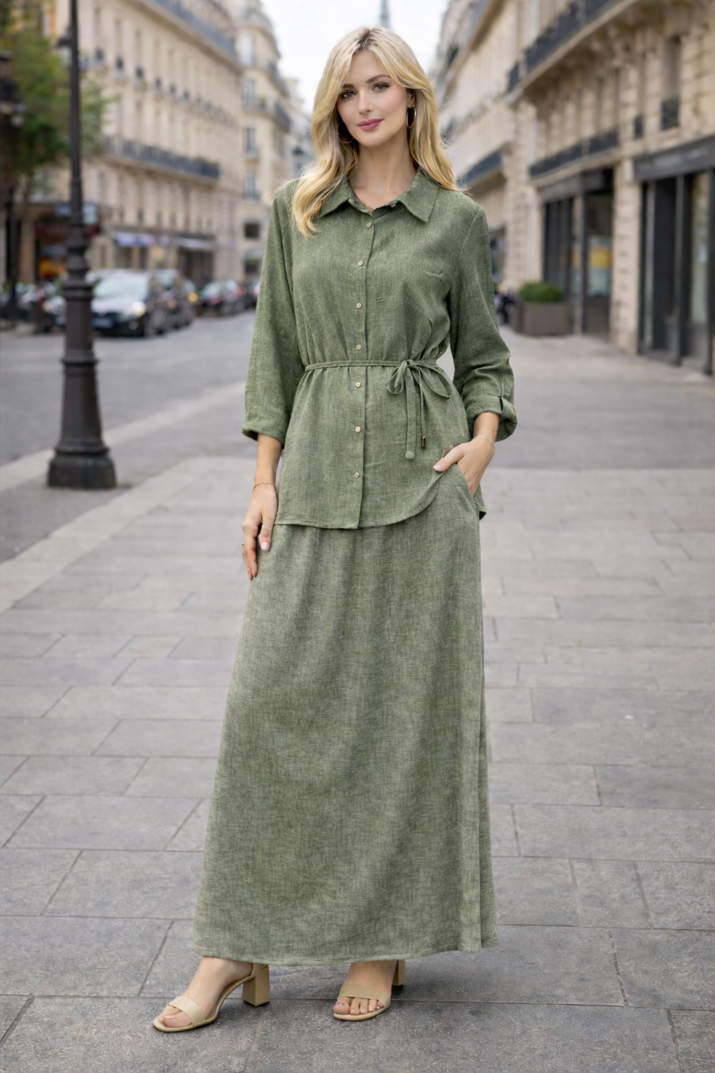 Ensemble 2 pièces lin – Chemise fluide & Jupe  large - ZJ2402-2