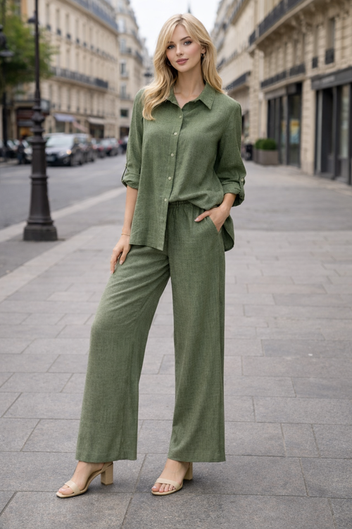 Ensemble 2 pièces lin – Chemise + Pantalon fluide - ZJ2402
