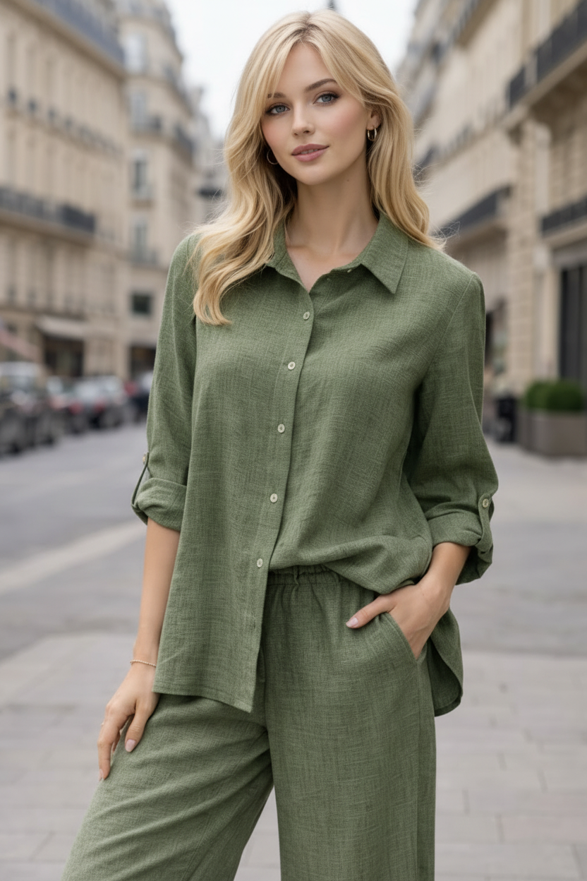 Ensemble 2 pièces lin – Chemise + Pantalon fluide - ZJ2402