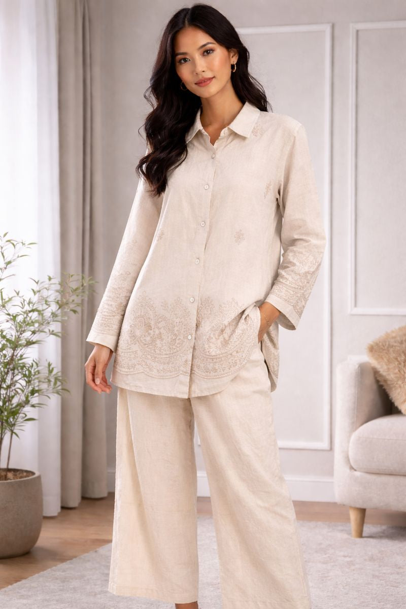 Ensemble bohème uni & broderies – tunique + pantalon - YH2402-3