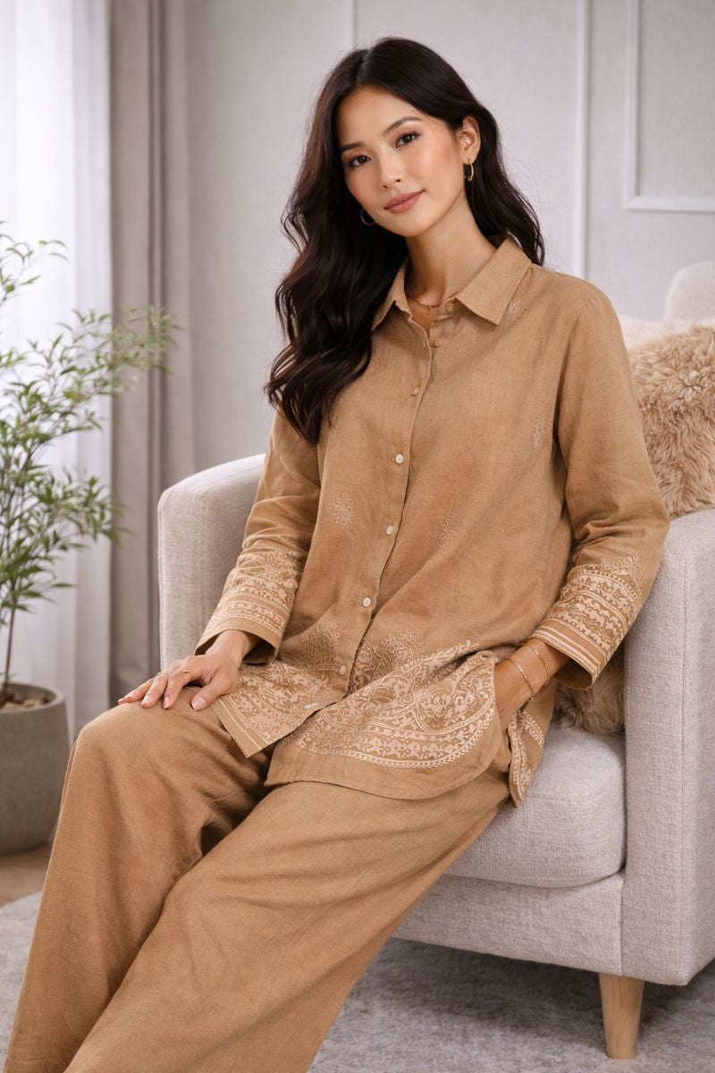Ensemble bohème uni & broderies – tunique + pantalon - YH2402-3