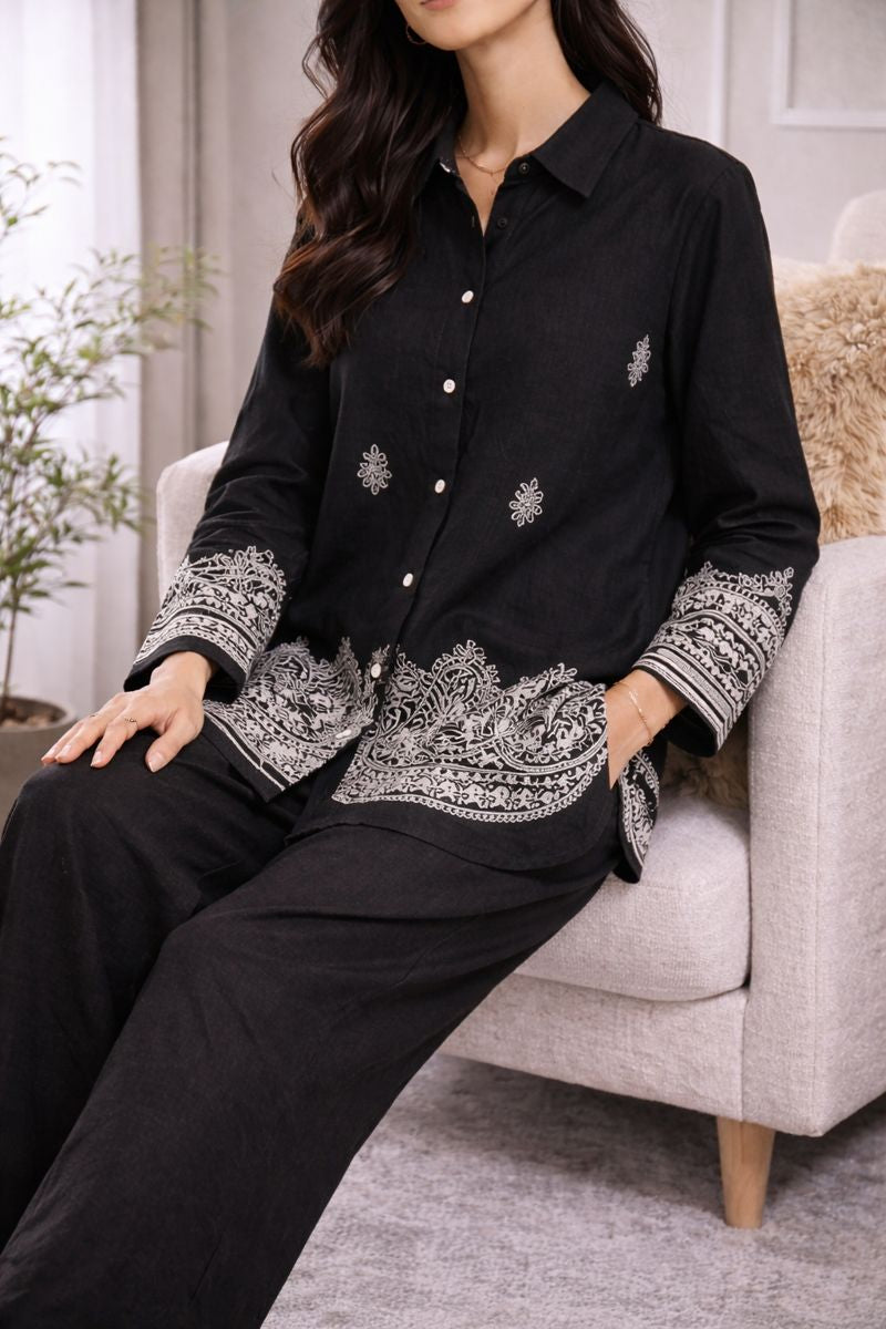 Ensemble bohème uni & broderies – tunique + pantalon - YH2402-3