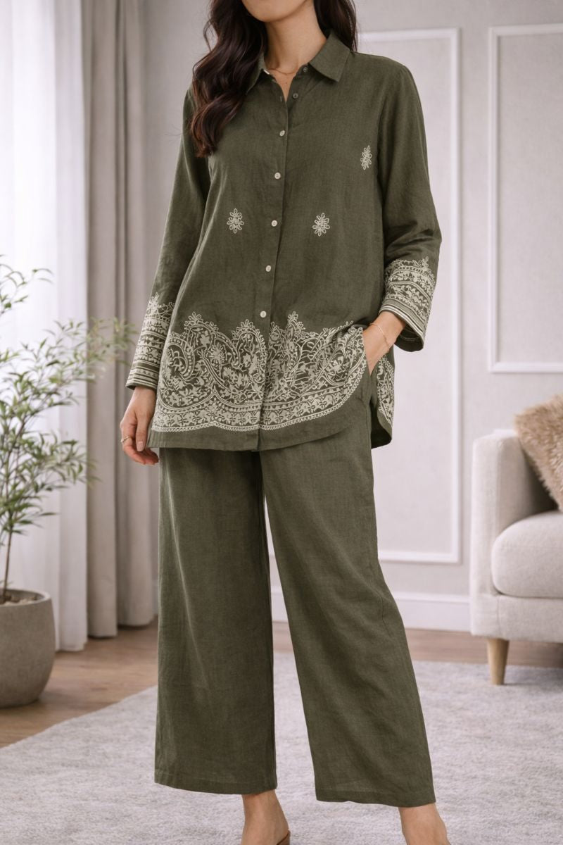 Ensemble bohème uni & broderies – tunique + pantalon - YH2402-3