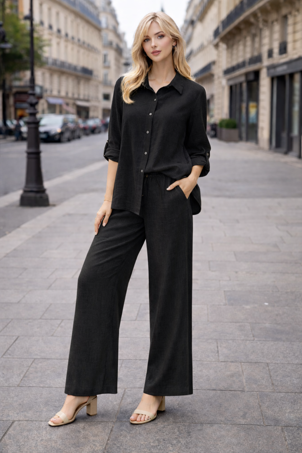 Ensemble 2 pièces lin – Chemise + Pantalon fluide - ZJ2402