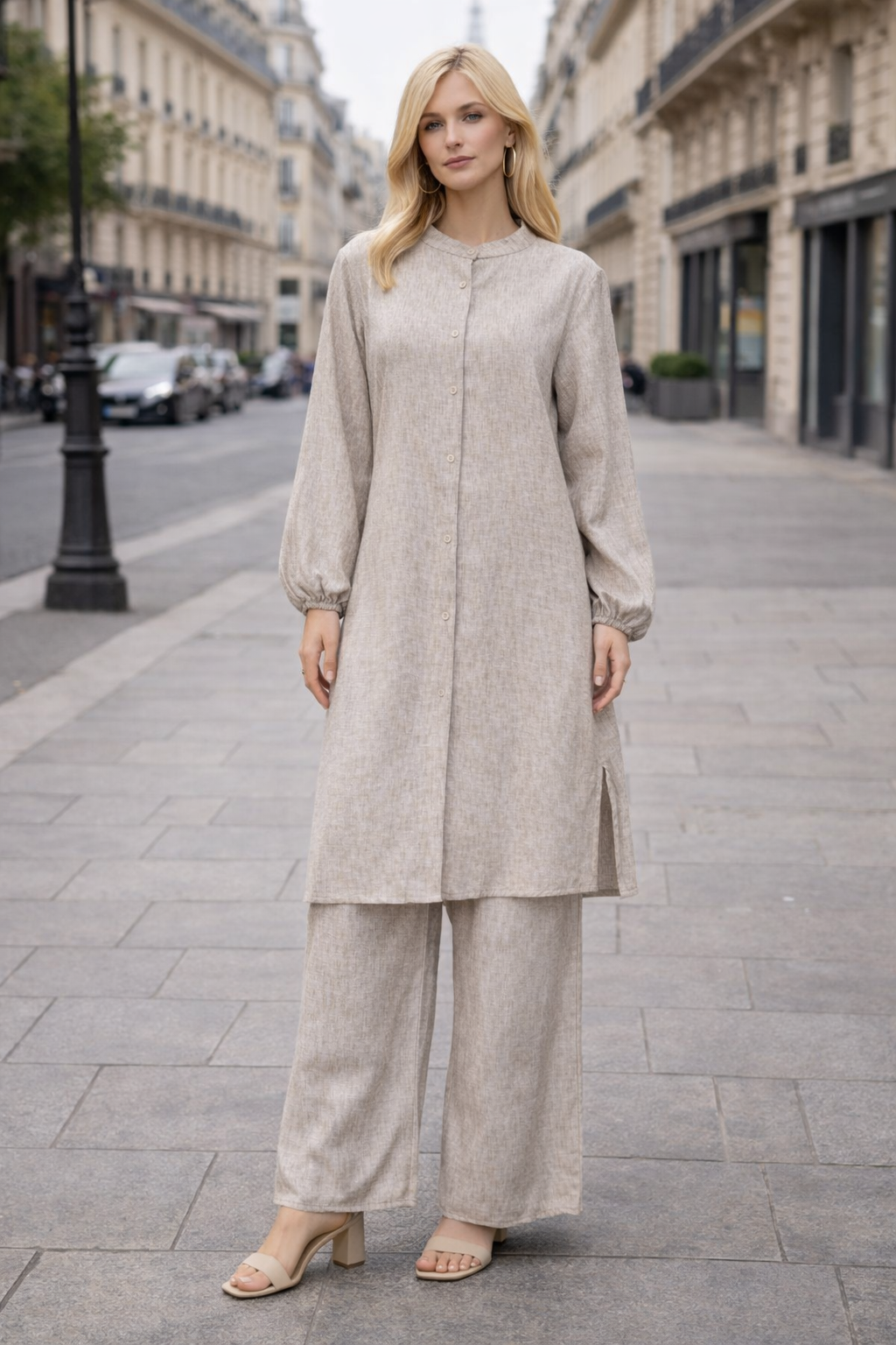 Ensemble 2 pièces  lin – Tunique boutonnée & Pantalon fluide - ZJ2396