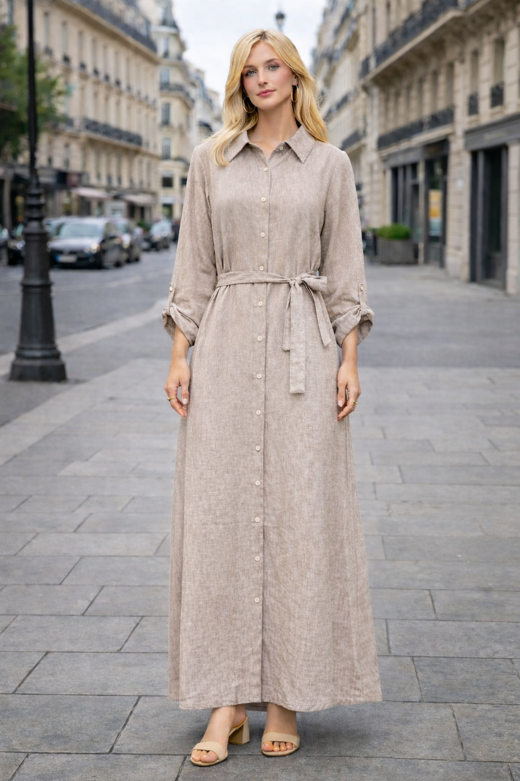 Robe chemise longue lin – Coupe fluide ceinturée - ZJ2399