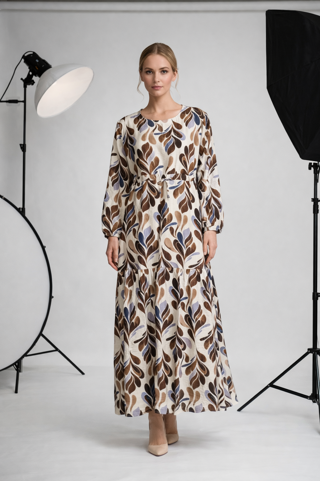 Robe longue fil d'or imprimé feuillage – JX2456