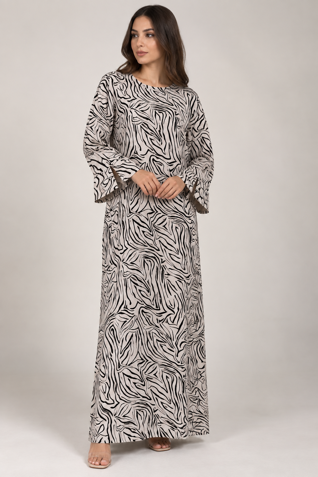 KQ2447D – Robe longue imprimé zébré manches larges