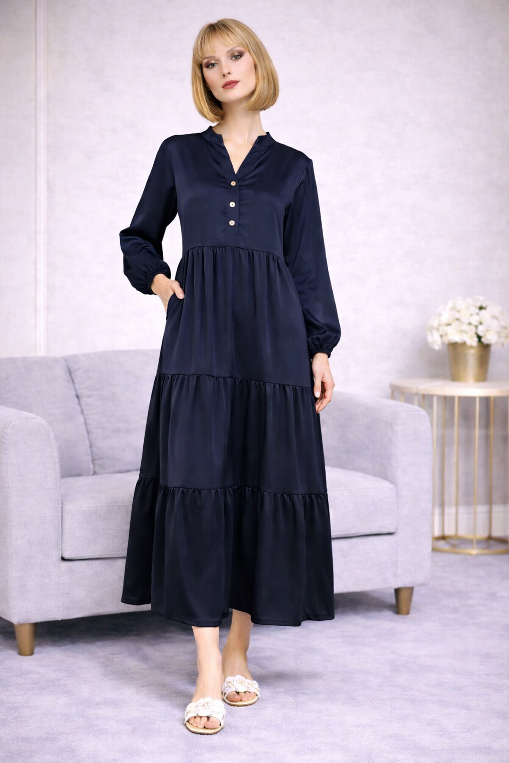 Robe Longue Satinée Col Chemise - MY2397