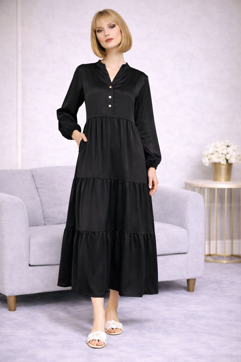 Robe Longue Satinée Col Chemise - MY2397