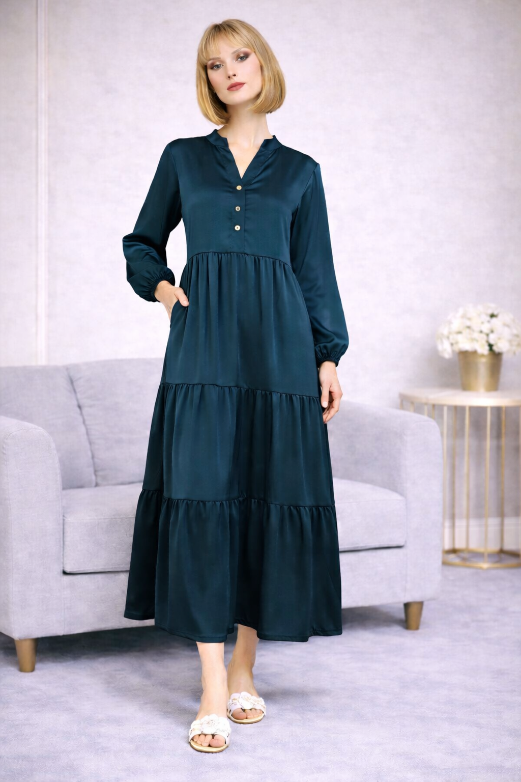Robe Longue Satinée Col Chemise - MY2397