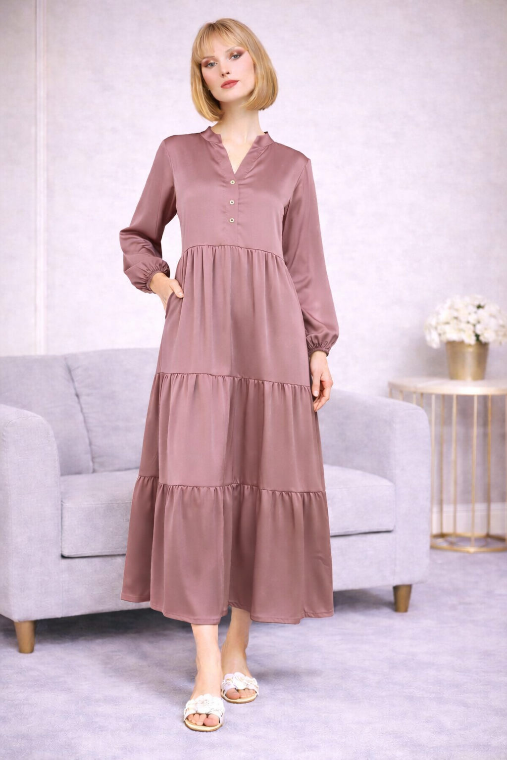 Robe Longue Satinée Col Chemise - MY2397
