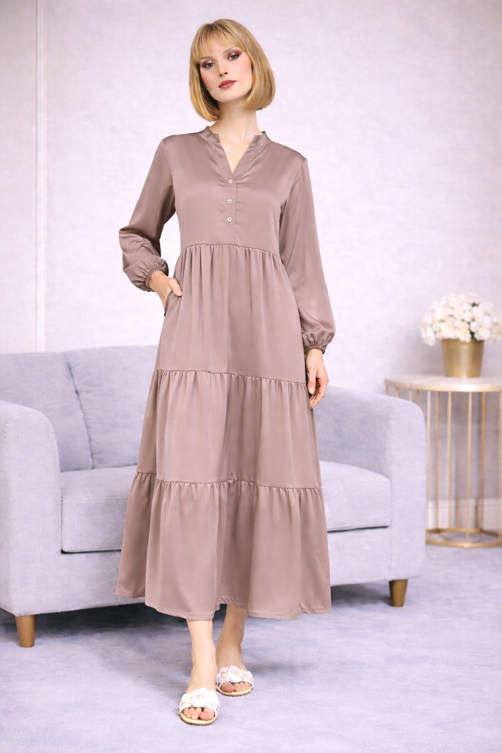 Robe Longue Satinée Col Chemise - MY2397