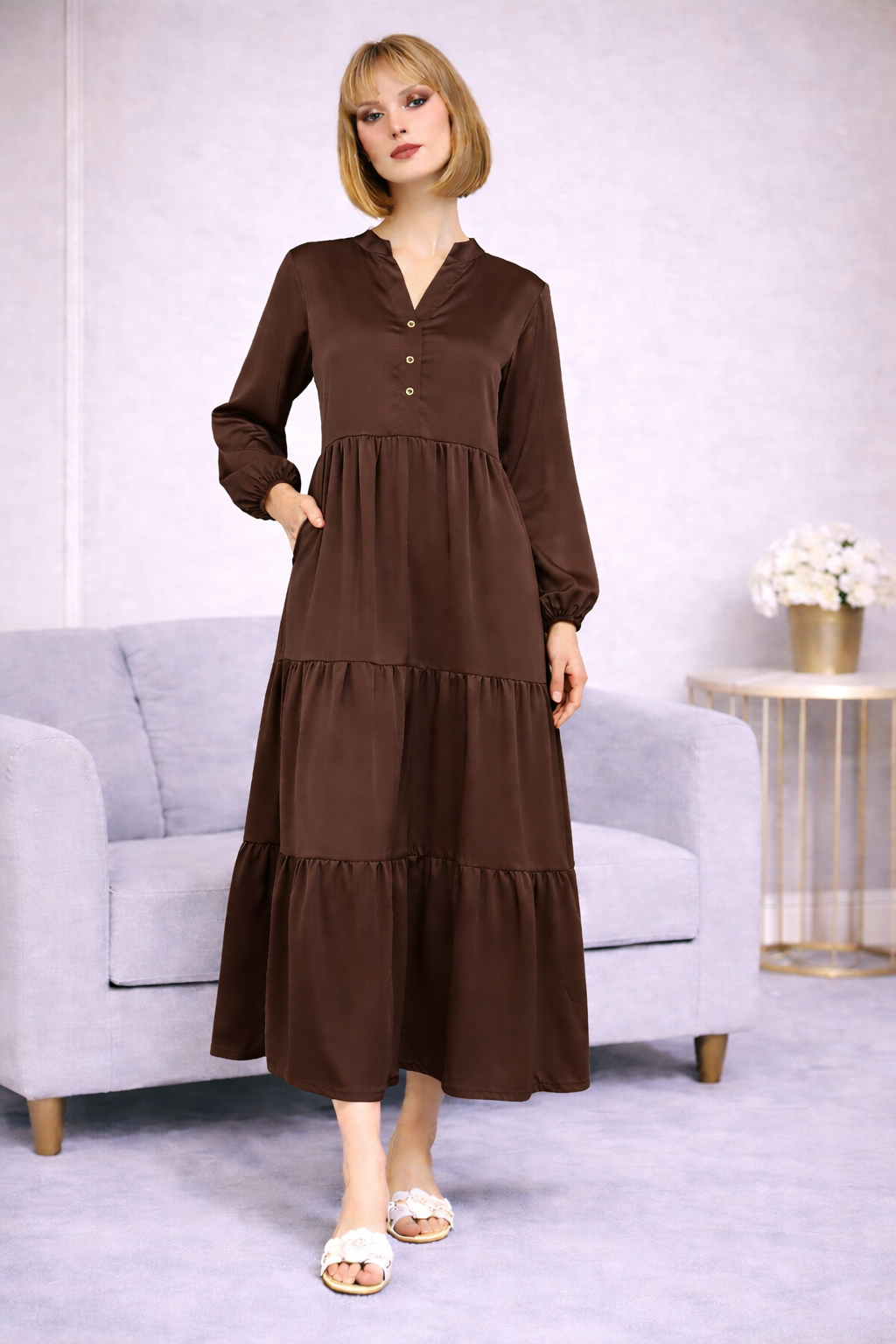Robe Longue Satinée Col Chemise - MY2397