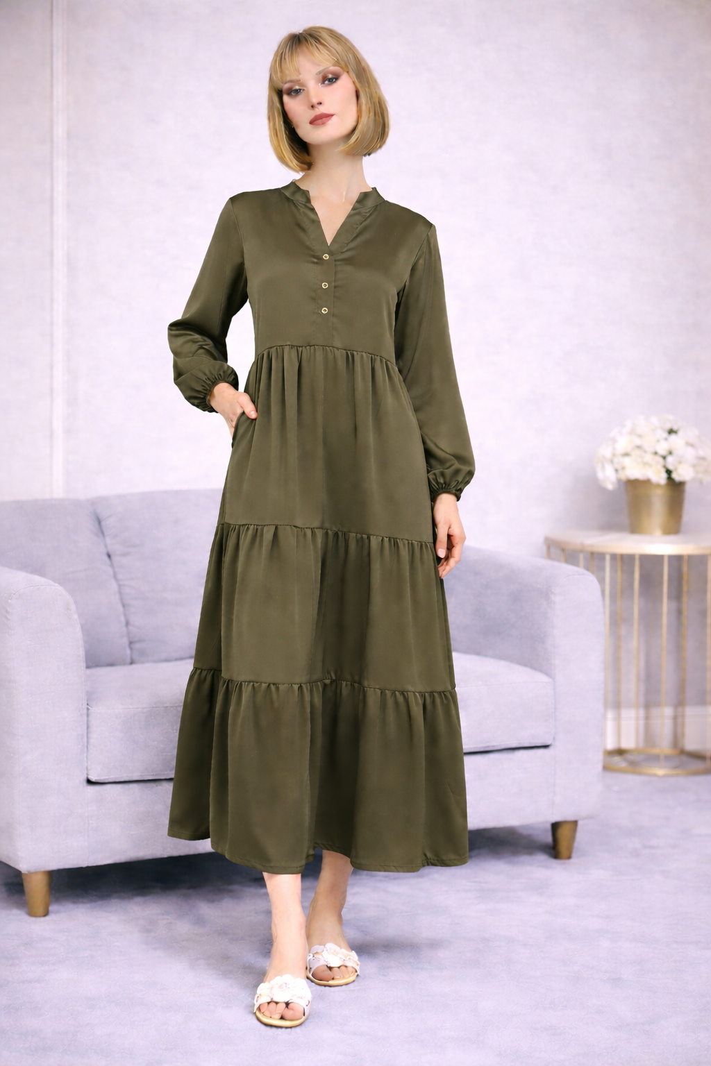 Robe Longue Satinée Col Chemise - MY2397
