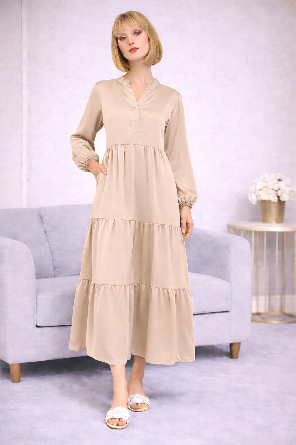 Robe Longue Satinée Col Chemise - MY2397