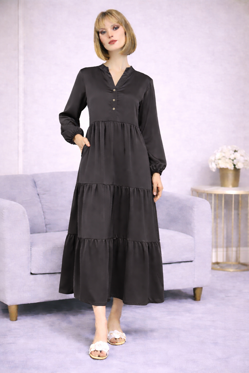 Robe Longue Satinée Col Chemise - MY2397