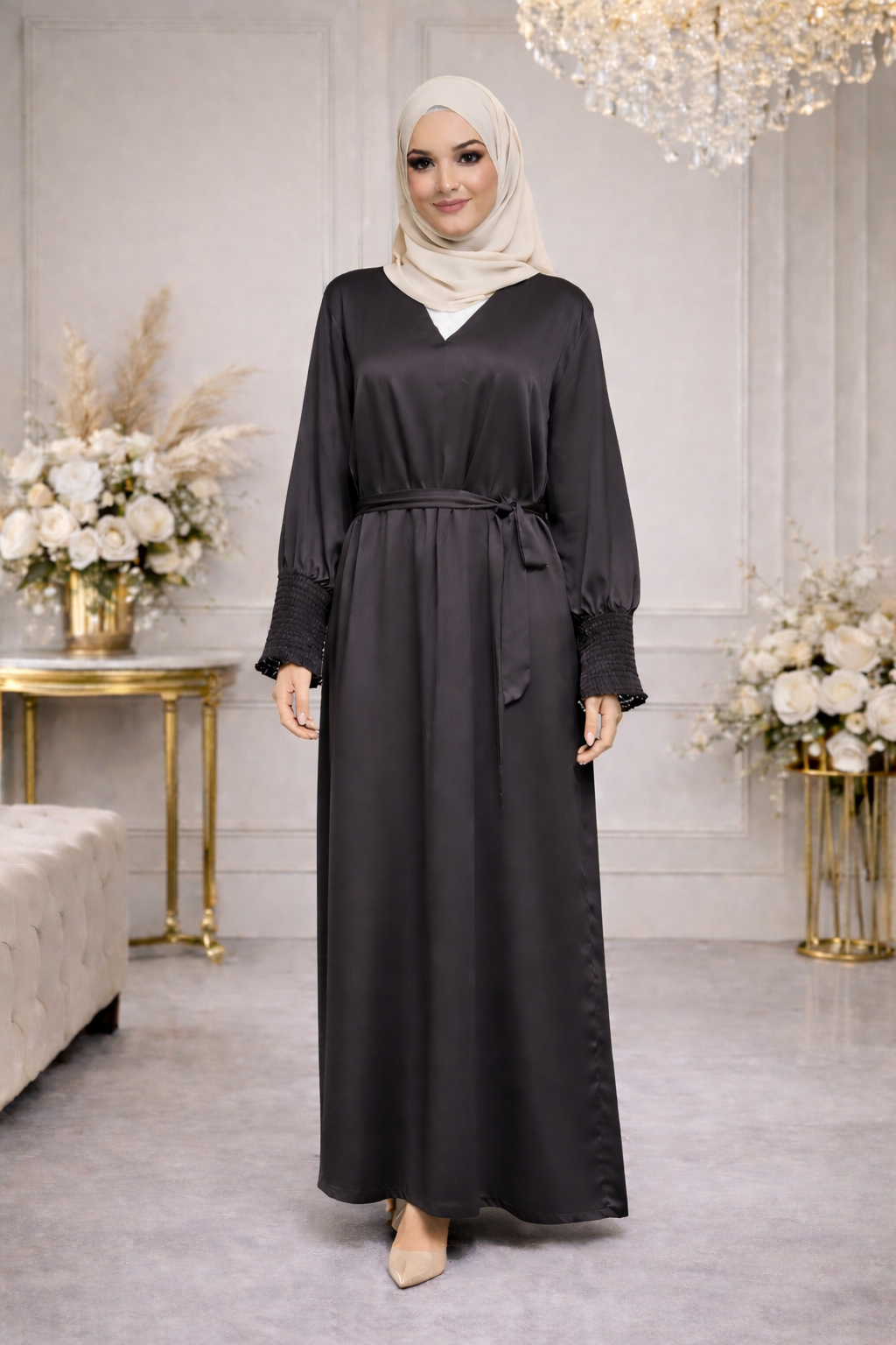 Robe Longue Satinée Cache-Cœur Ceinturée - MY2460