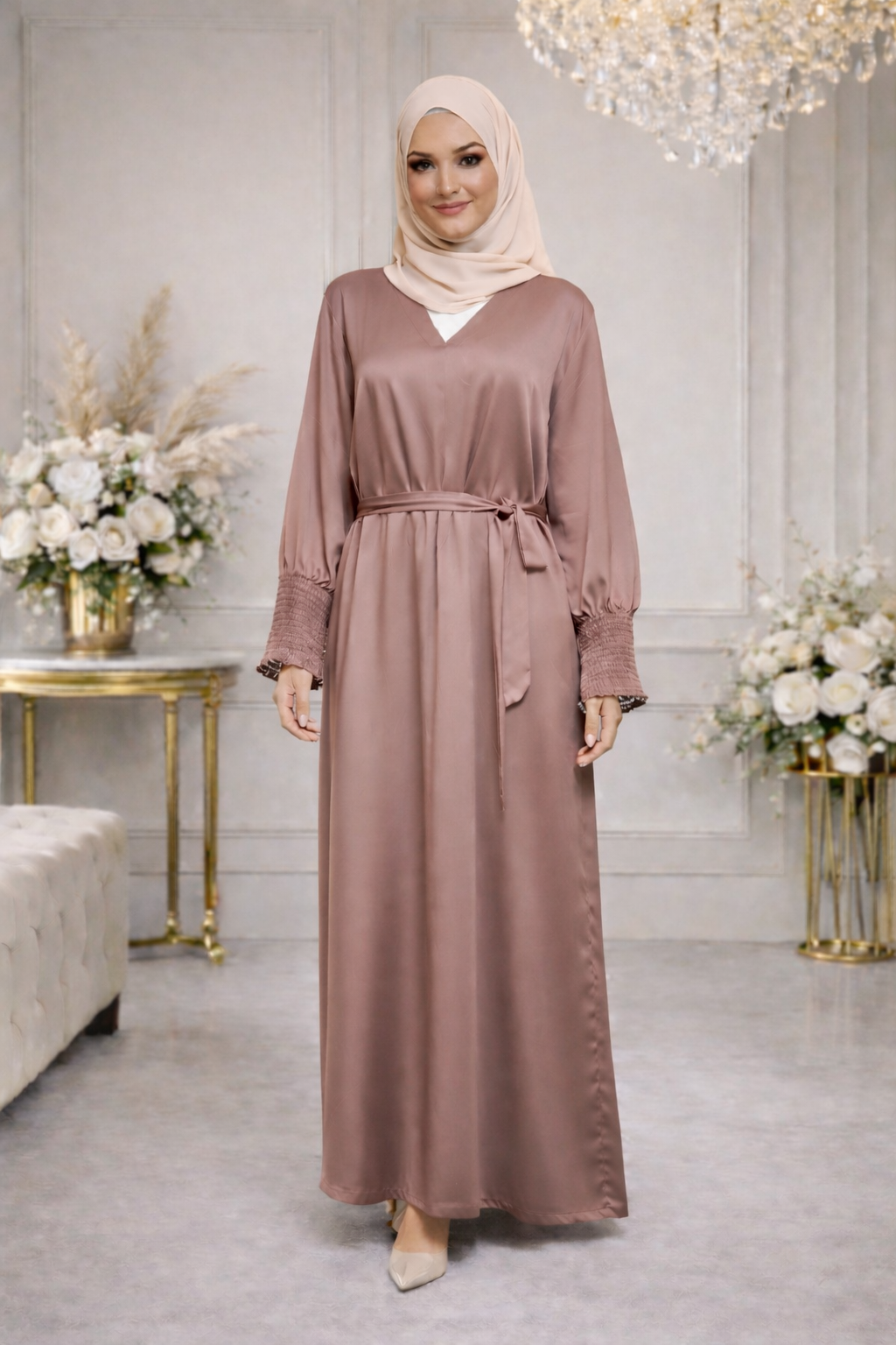Robe Longue Satinée Cache-Cœur Ceinturée - MY2460
