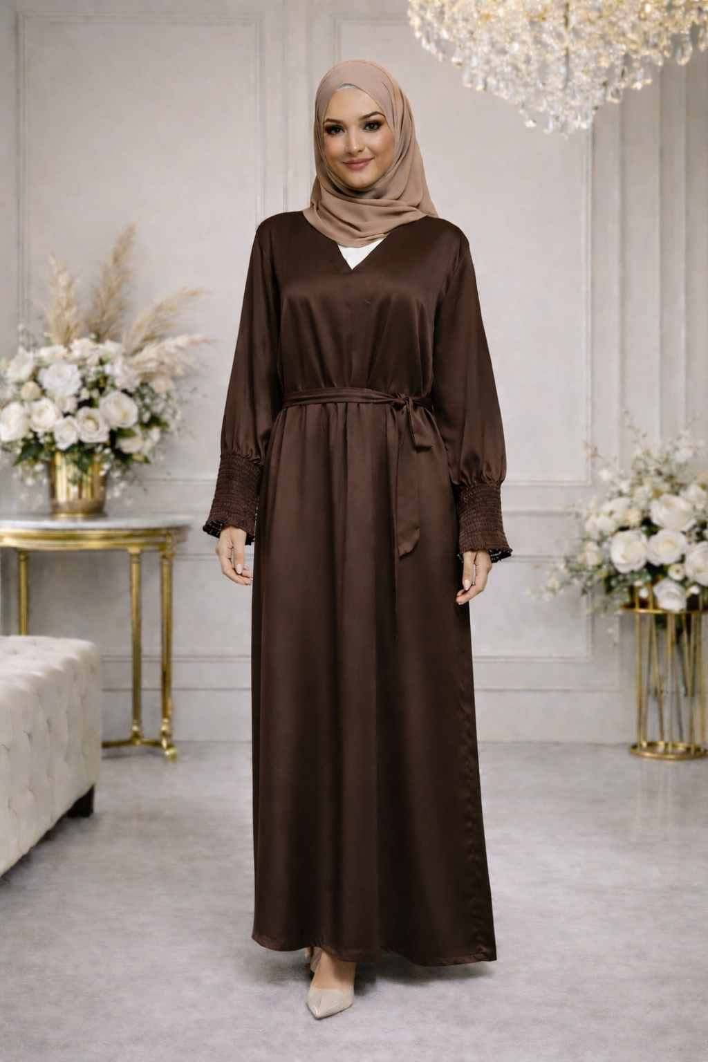 Robe Longue Satinée Cache-Cœur Ceinturée - MY2460