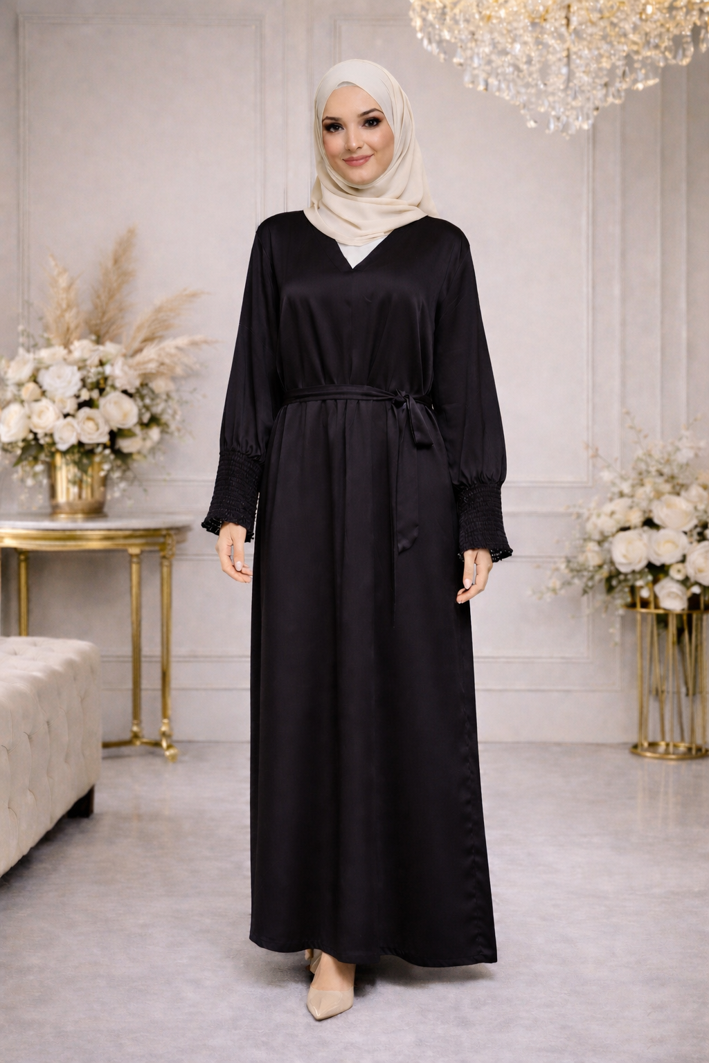 Robe Longue Satinée Cache-Cœur Ceinturée - MY2460