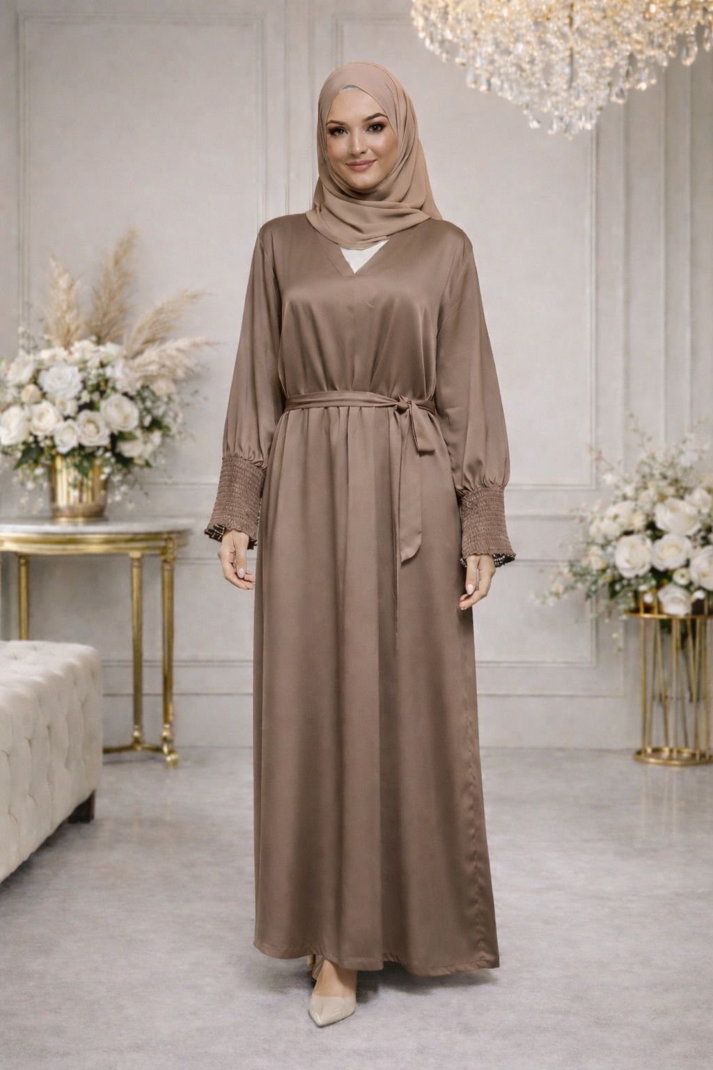 Robe Longue Satinée Cache-Cœur Ceinturée - MY2460