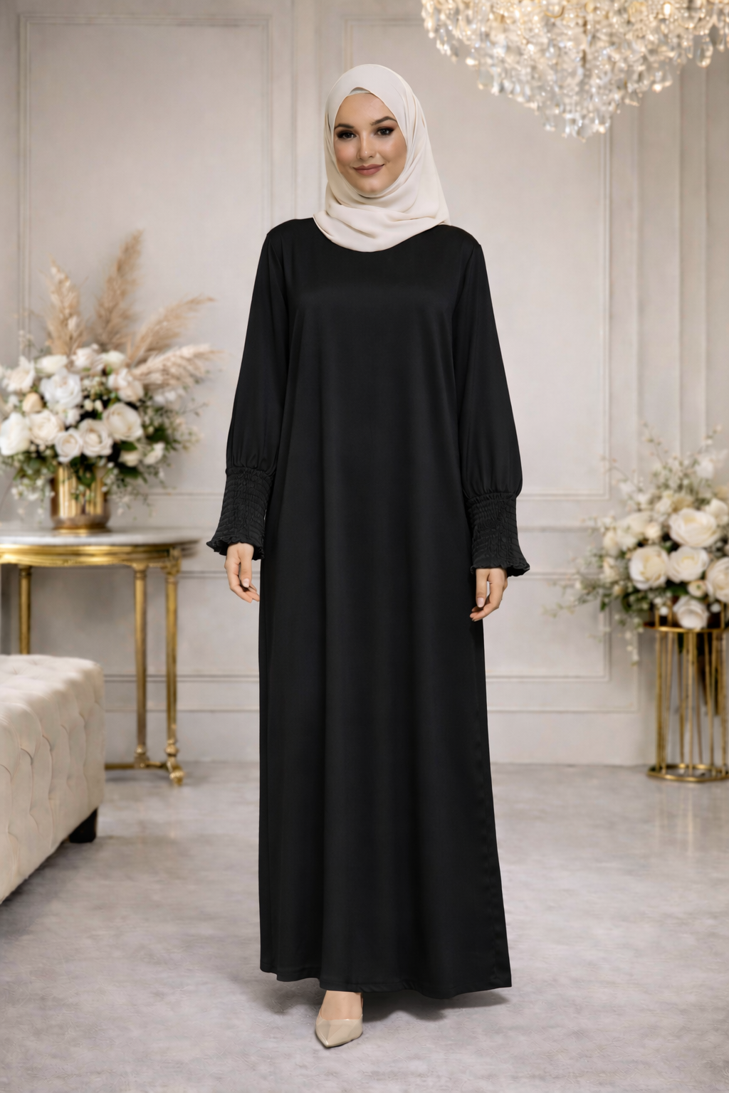 Robe Longue Satinée Manches Smockées - MY2507