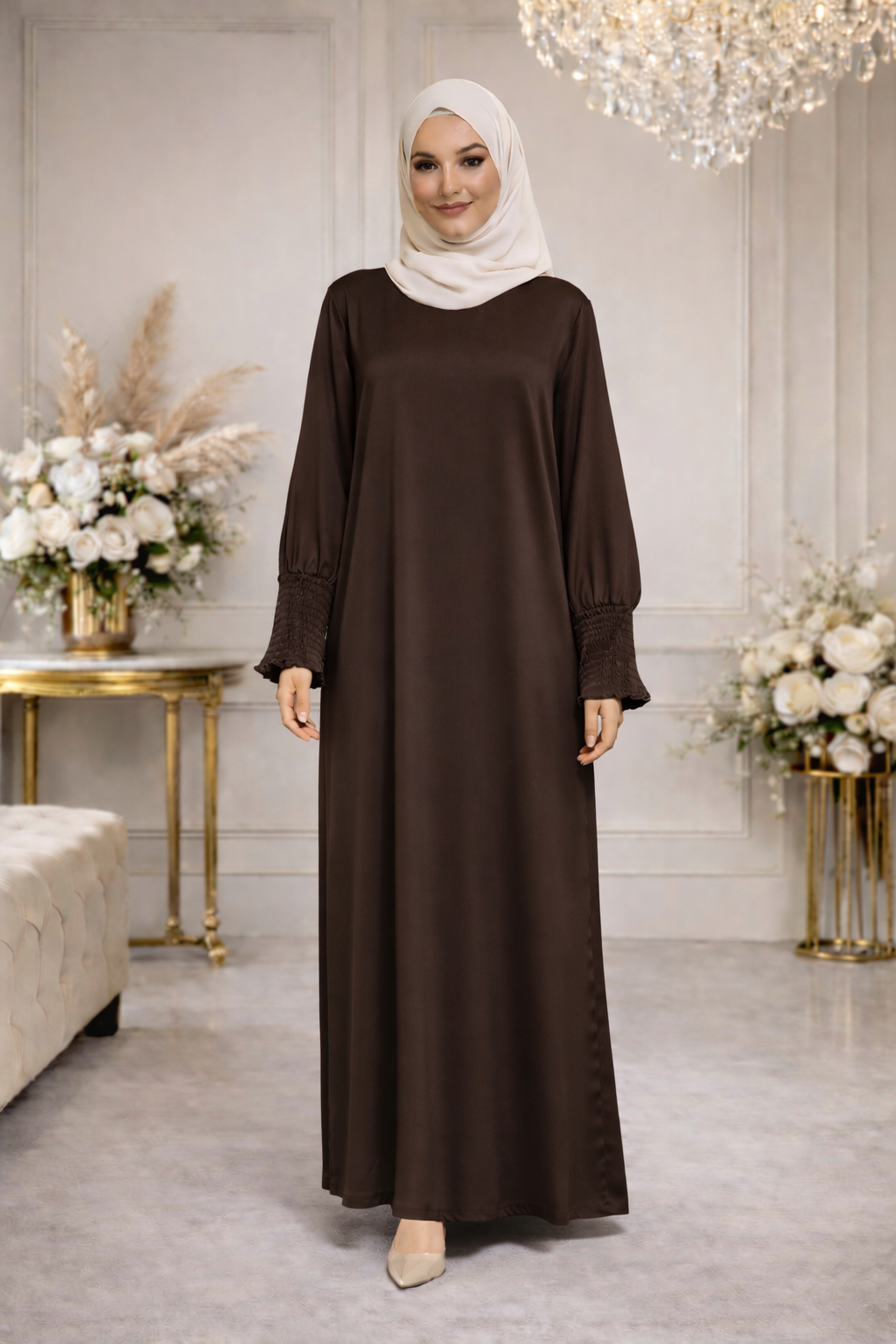 Robe Longue Satinée Manches Smockées - MY2507
