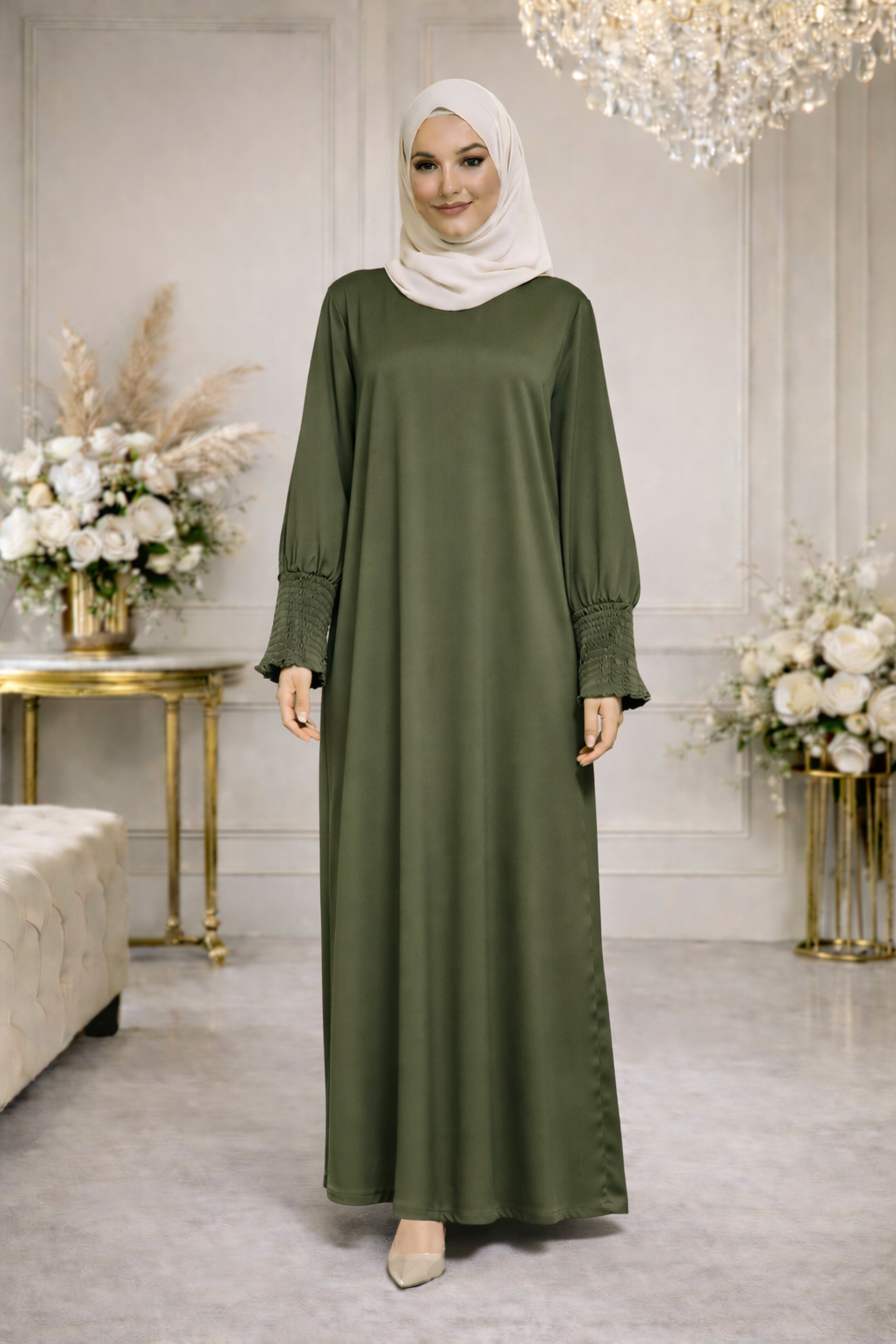 Robe Longue Satinée Manches Smockées - MY2507