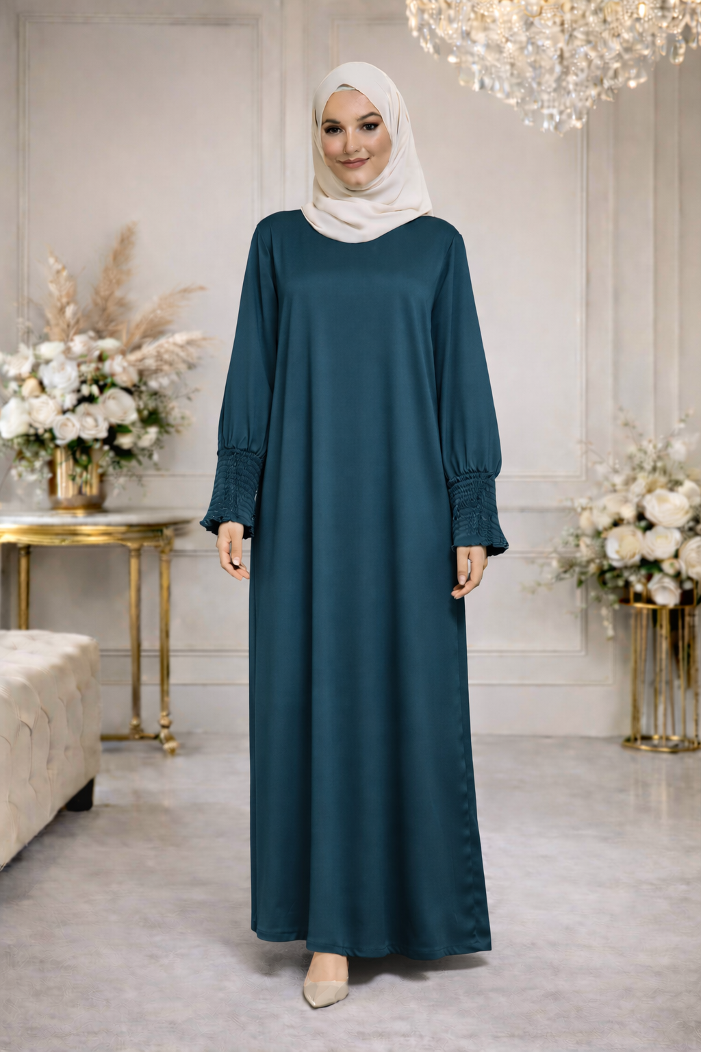 Robe Longue Satinée Manches Smockées - MY2507