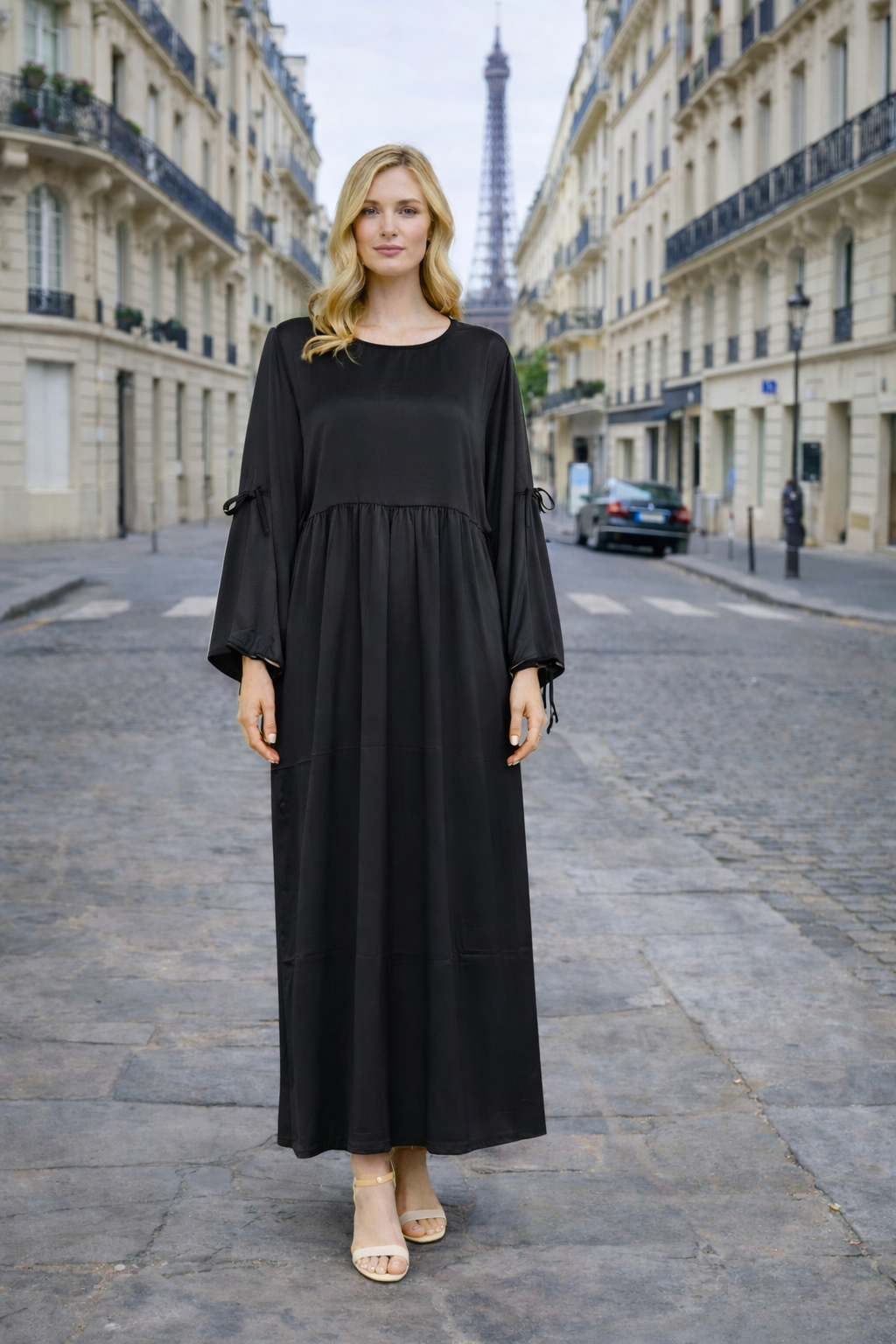 Robe Longue Satinée Coupe Empire Manches Ajustables - MY2527
