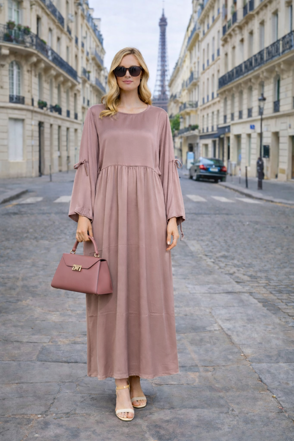 Robe Longue Satinée Coupe Empire Manches Ajustables - MY2527