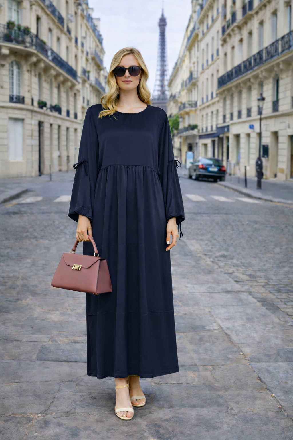 Robe Longue Satinée Coupe Empire Manches Ajustables - MY2527