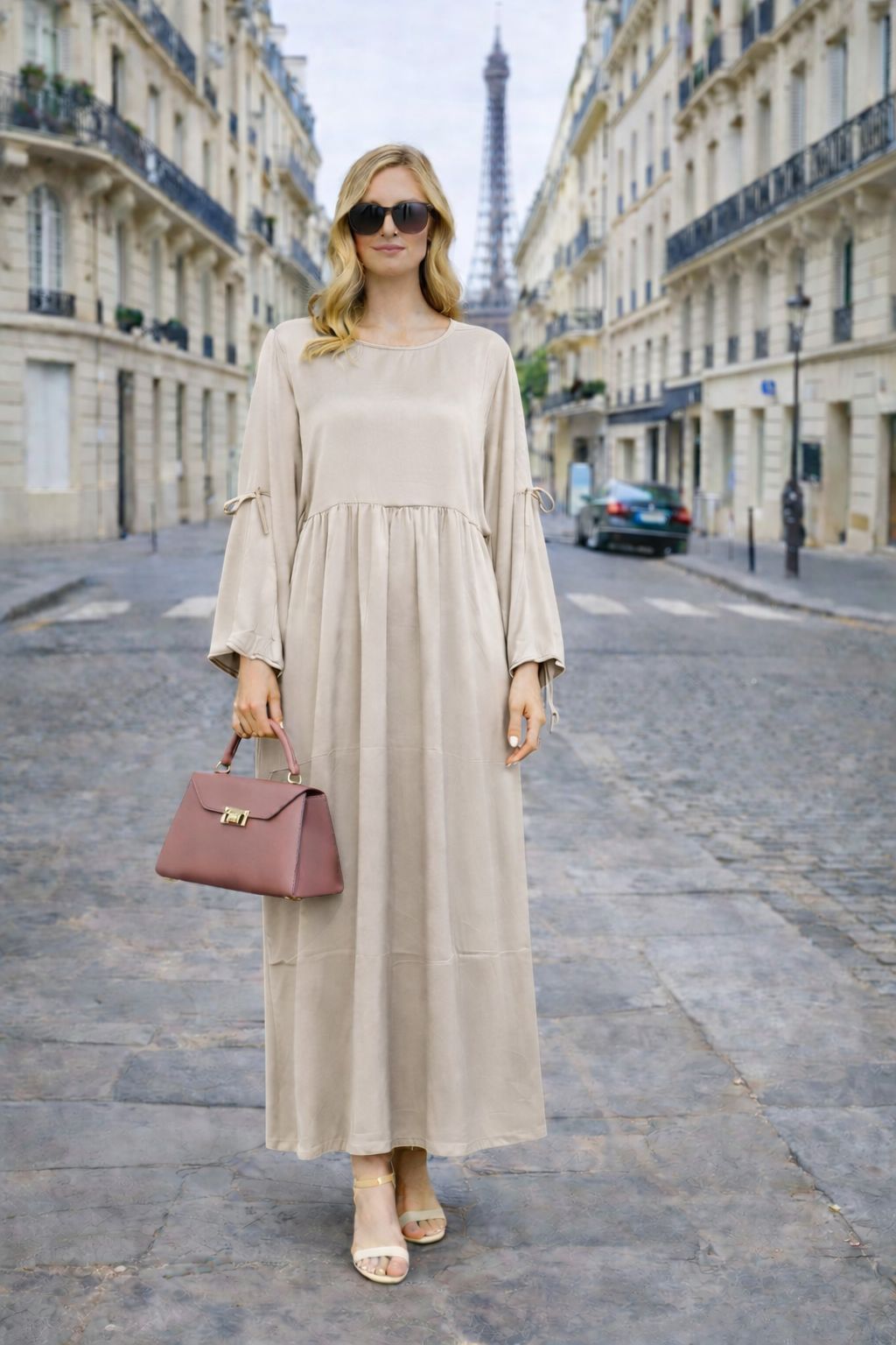 Robe Longue Satinée Coupe Empire Manches Ajustables - MY2527