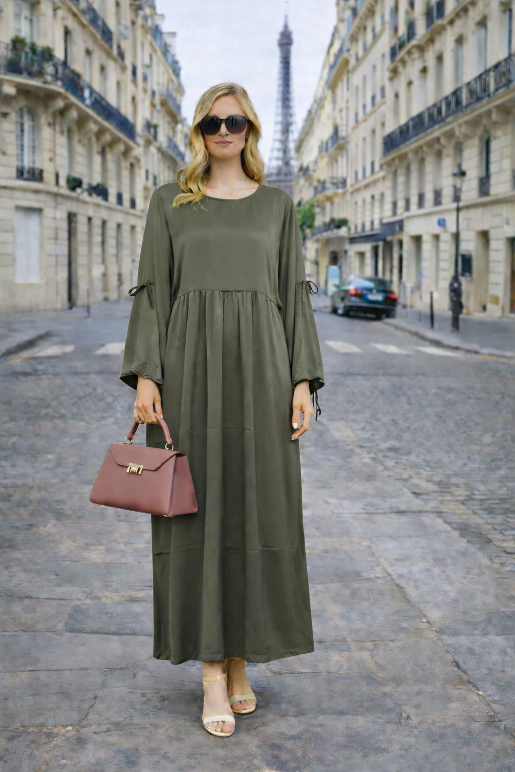 Robe Longue Satinée Coupe Empire Manches Ajustables - MY2527
